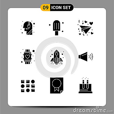 Universal Icon Symbols Group of 9 Modern Solid Glyphs of startup, rocket, love, watch, smart Vector Illustration