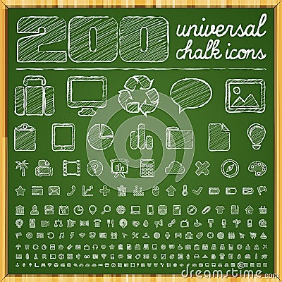 200 Universal Icons in chalk doodle style Vector Illustration
