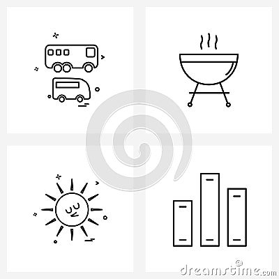 4 Universal Icons Pixel Perfect Symbols of bus; sun; minibus; cooking food; sunny Vector Illustration