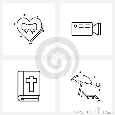 Set of 4 Line Icon Signs and Symbols of heart, play, valentine`s day, camera, book Vector Illustration