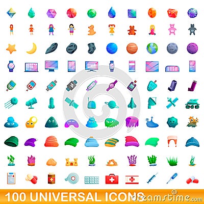100 universal icons set, cartoon style Vector Illustration