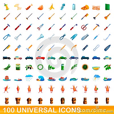 100 universal icons set, cartoon style Vector Illustration