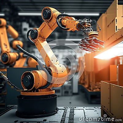 Universal industrial robotics arm, automatic robotic manipulators in production. Generated AI Stock Photo