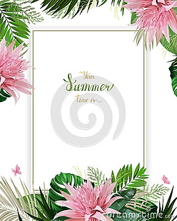 Universal invitation, congratulation card with green tropical palm, monstera leaves and Aechmea blooming flowers on the Vector Illustration