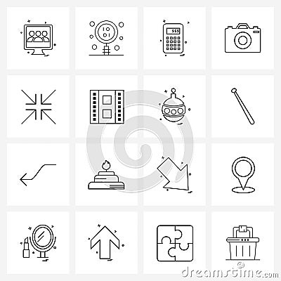 16 Universal Line Icon Pixel Perfect Symbols of movies, direction, calculator, arrow, photography Vector Illustration