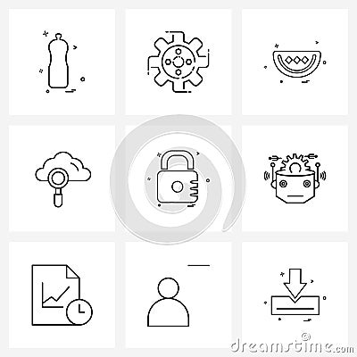 9 Universal Line Icon Pixel Perfect Symbols of protection, locked, food, lock, cloud finding Vector Illustration