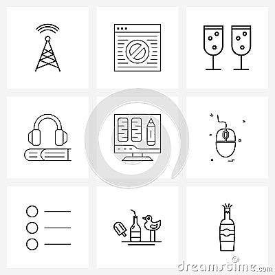 9 Universal Line Icons for Web and Mobile eBook, headphone, website, education, glass Vector Illustration