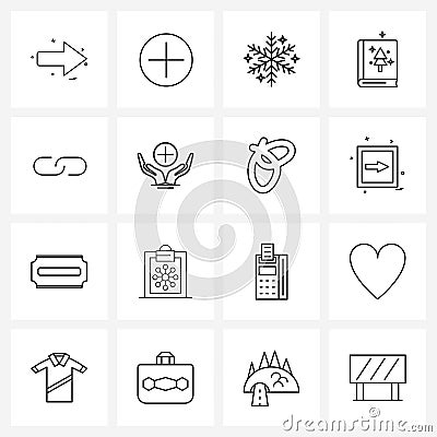 16 Universal Line Icons for Web and Mobile link, winters, Christmas, tree, books Vector Illustration