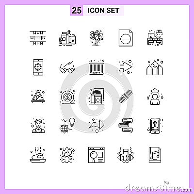 25 Universal Line Signs Symbols of cupboard, work place, flower, file, delete Vector Illustration