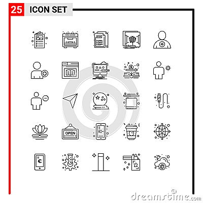 25 Universal Lines Set for Web and Mobile Applications booked, avatar, css, scanner, holographic Vector Illustration