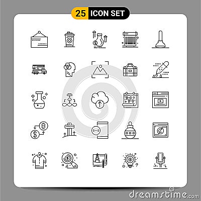 25 Universal Lines Set for Web and Mobile Applications system, fan, money, cooling, stock Vector Illustration