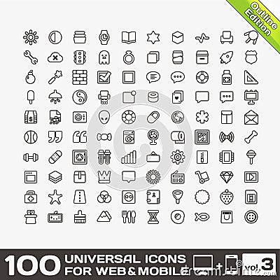 100 Universal Outline Icons volume 3 Vector Illustration