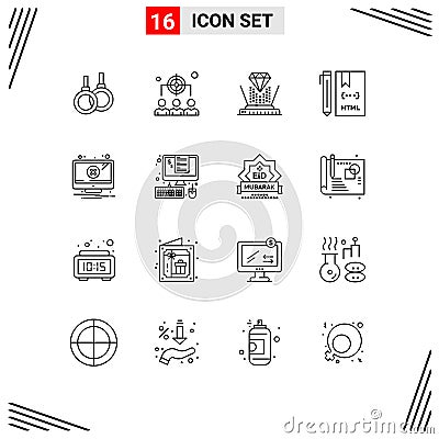 16 Universal Outline Signs Symbols of alert, development, hologram, develop, code Vector Illustration