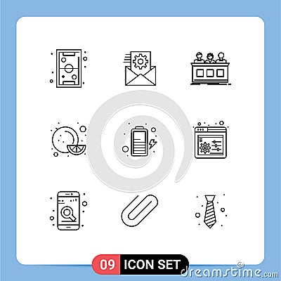 9 Universal Outline Signs Symbols of battery, fruit, integration, food, judge Vector Illustration