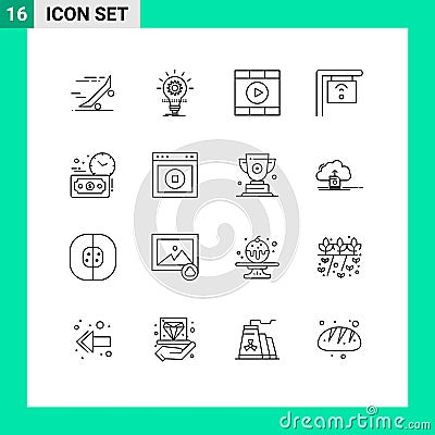 16 Universal Outline Signs Symbols of budget estimate, internet, innovation, cafe, play Vector Illustration