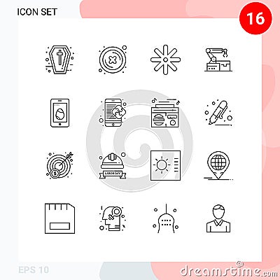 Mobile Interface Outline Set of 16 Pictograms of cell, mobile, flower, technology, robotic Stock Photo