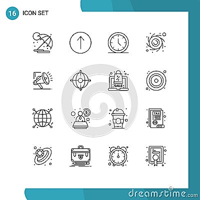 16 Universal Outline Signs Symbols of digital, atoumation, time, marketing, black hole Vector Illustration