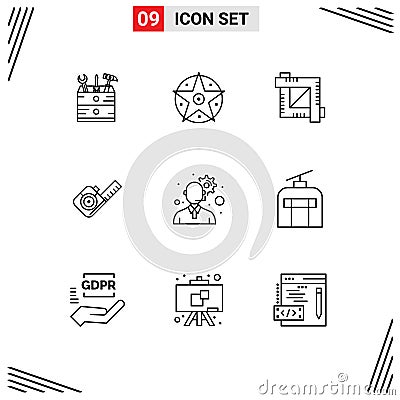 9 Universal Outline Signs Symbols of gear, tool, crop, tape, measure Vector Illustration