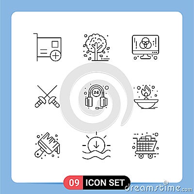 9 Universal Outline Signs Symbols of help, sport, computer, sabre, creative Vector Illustration