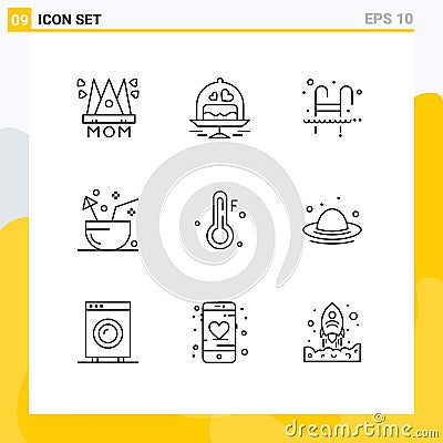 Modern Set of 9 Outlines Pictograph of summer, drink, love, coconut, swimming Vector Illustration