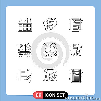 9 Universal Outline Signs Symbols of upload, wireless, invoice, connection, router Vector Illustration