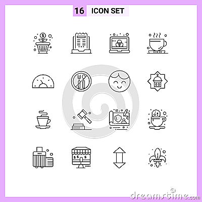 16 Universal Outlines Set for Web and Mobile Applications arrow, office, newspaper, drink, screen Vector Illustration