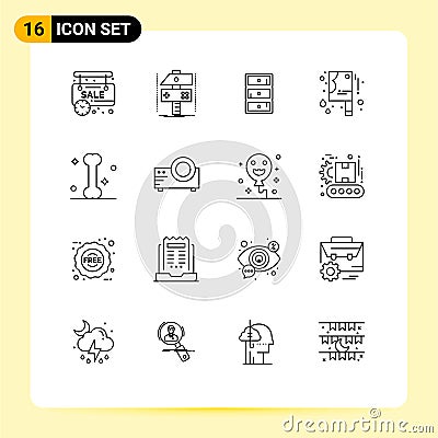 16 Universal Outlines Set for Web and Mobile Applications bone, halloween butcher knife, game, halloween bloody knife, cupboard Vector Illustration