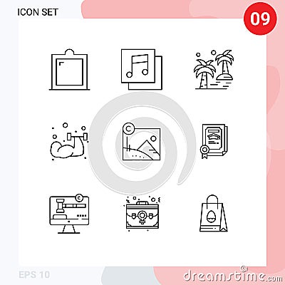 9 Universal Outlines Set for Web and Mobile Applications business, weightlifting, palm, sport, dumbbell Vector Illustration