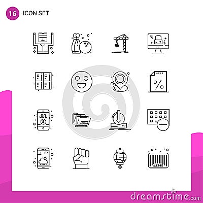 16 Universal Outlines Set for Web and Mobile Applications calculate, lock, building, screen, dmca protection Vector Illustration