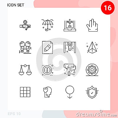 16 Universal Outlines Set for Web and Mobile Applications camping, three, coding, hand, planning Vector Illustration