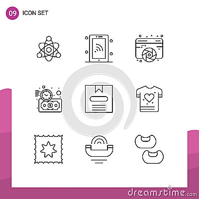 User Interface Pack of 9 Basic Outlines of commerce, time, designing, money, budget estimate Vector Illustration