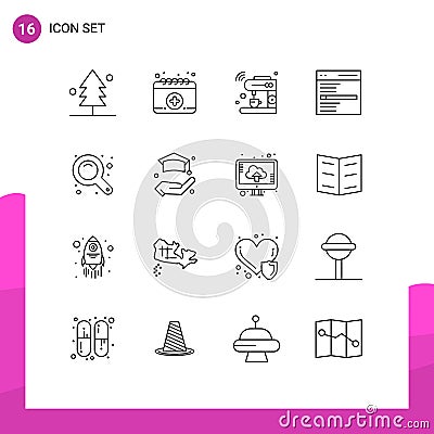 16 Universal Outlines Set for Web and Mobile Applications maximize, search, internet, interface, communication Vector Illustration