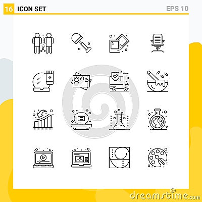 16 Universal Outlines Set for Web and Mobile Applications office, chair, spring, business, armchair Vector Illustration