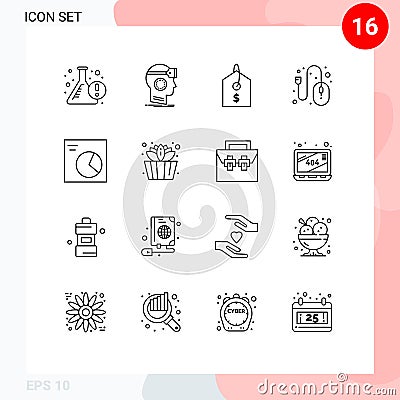 16 Universal Outlines Set for Web and Mobile Applications pie, control, virtual, mouse, computer Vector Illustration