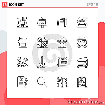 16 Universal Outlines Set for Web and Mobile Applications pyramid, finance, wash, business, pencil Vector Illustration