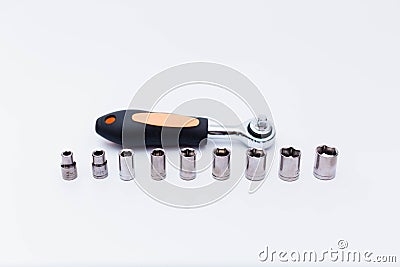 Ratchets and sockets set on white background Stock Photo