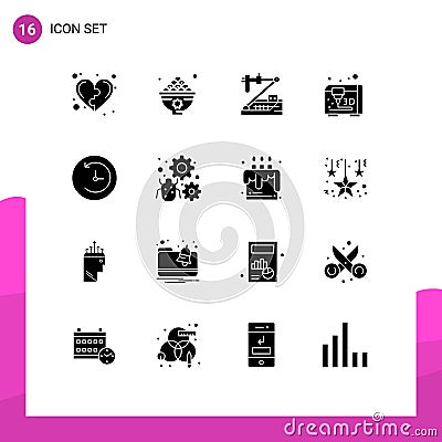 16 Universal Solid Glyph Signs Symbols of backup, modeling, lunch, research, genetics Vector Illustration