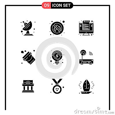 9 Universal Solid Glyph Signs Symbols of business, tool, device, firefighter, bucket Vector Illustration