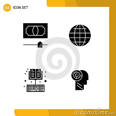 4 Universal Solid Glyph Signs Symbols of cash, ebook, world, security, learning Vector Illustration