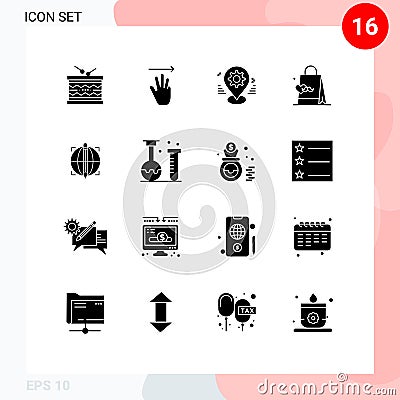 16 Universal Solid Glyph Signs Symbols of hand bag, father, right, dad, pin Vector Illustration