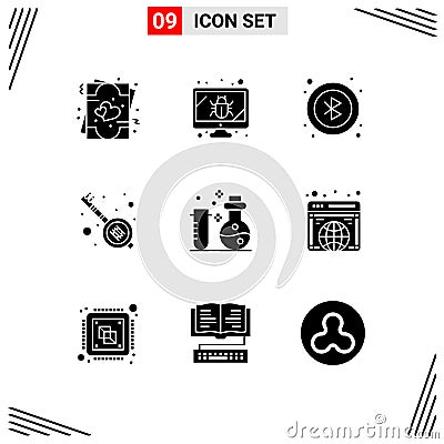 9 Universal Solid Glyph Signs Symbols of laboratory, chemistry, bluetooth, party, music Vector Illustration