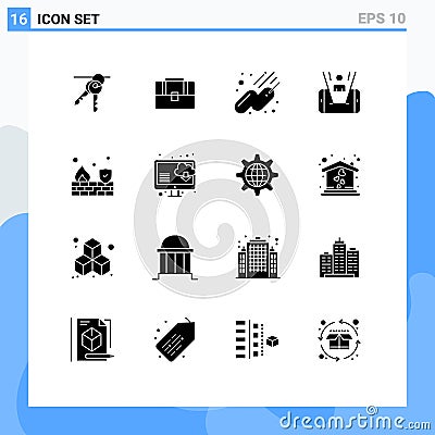 16 Universal Solid Glyph Signs Symbols of security, fire, satellite, technology, cell Vector Illustration