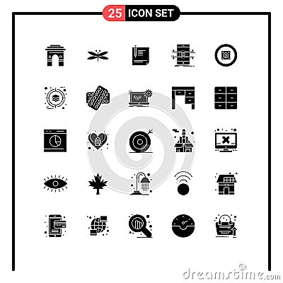 25 Universal Solid Glyph Signs Symbols of sign, page, dragonfly, file, contract Vector Illustration