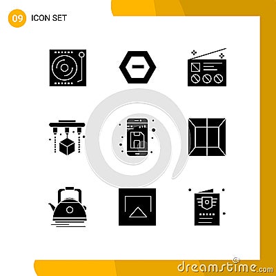 9 Universal Solid Glyphs Set for Web and Mobile Applications back, printing, data, factory, news Vector Illustration