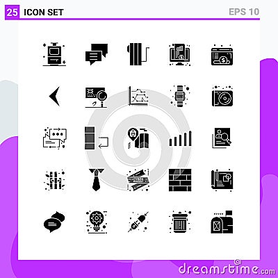 25 Universal Solid Glyphs Set for Web and Mobile Applications browser, chart, appliances, monitor, dashboard Vector Illustration