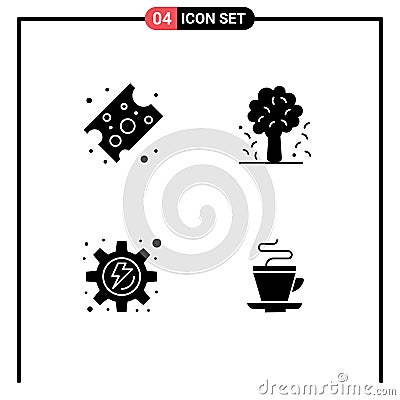 4 Universal Solid Glyphs Set for Web and Mobile Applications cheese, gear, tree, nature, tea Vector Illustration