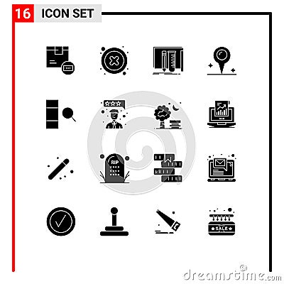 Modern Set of 16 Solid Glyphs and symbols such as column, location, user, map, lab Vector Illustration