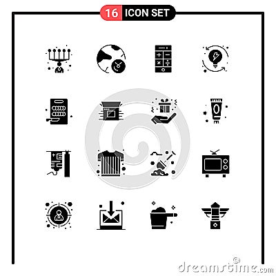 16 Universal Solid Glyphs Set for Web and Mobile Applications cutting, system, calculator, progression, development Vector Illustration