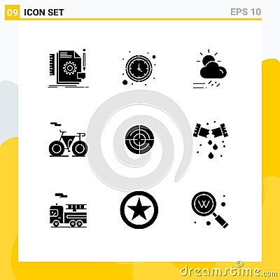 9 Universal Solid Glyphs Set for Web and Mobile Applications define, outline, watch, bicycle, season Vector Illustration