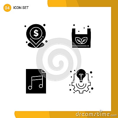 4 Universal Solid Glyphs Set for Web and Mobile Applications dollar, file, bag, shopping, creative Vector Illustration